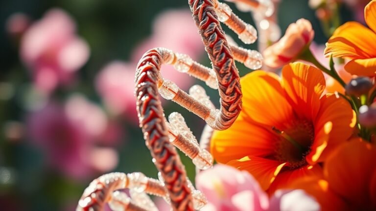 A close-up of a double helix DNA strand, glistening under natural light, surrounded by vibrant floral elements, captured in stunning detail with an elegant perspective