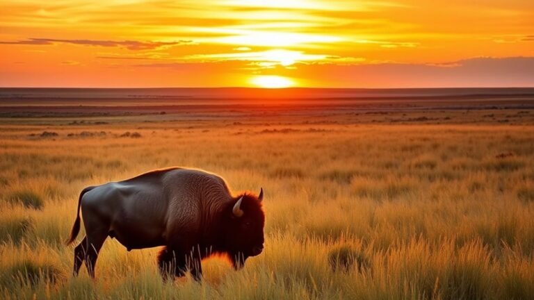 A vibrant landscape of the Dakota prairies at sunset, featuring golden grasses swaying in the breeze, with a majestic bison grazing peacefully in the foreground