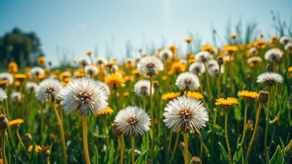 A vibrant meadow filled with blooming dandelions under a clear blue sky, with gentle sunlight illuminating their fluffy heads