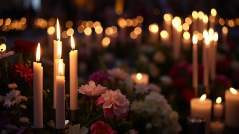 A serene candlelit vigil with flickering candles, a gentle breeze rustling nearby flowers, and soft shadows cast against a backdrop of solemn remembrance