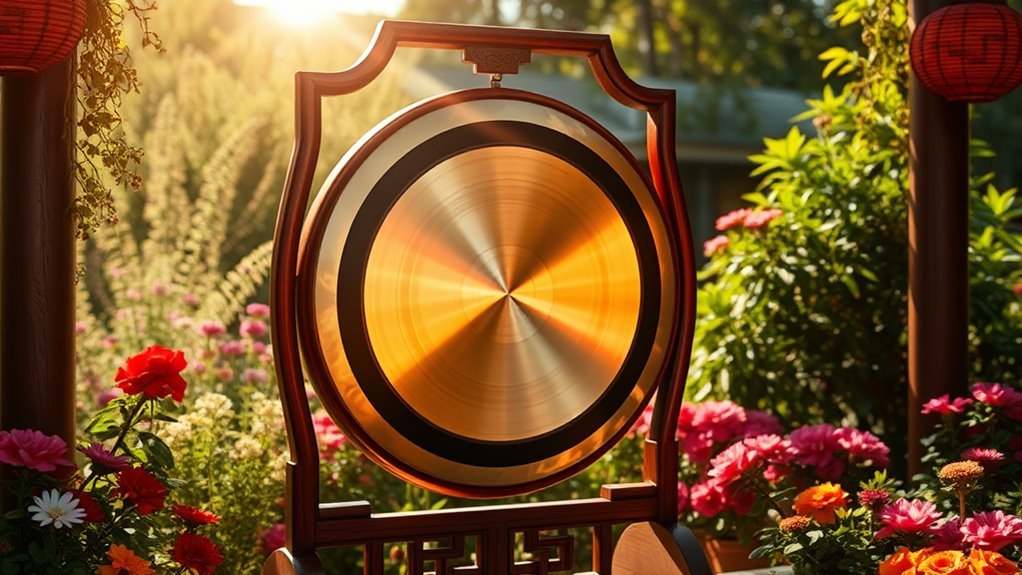 A vibrant, shimmering gong elegantly displayed in a sunlit garden, surrounded by colorful flowers and lush greenery, capturing the essence of celebration and harmony