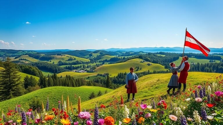 A vibrant landscape depicting Silesian hills with historical figures in traditional attire, raising flags, surrounded by lush greenery and blooming flowers, under a bright blue sky
