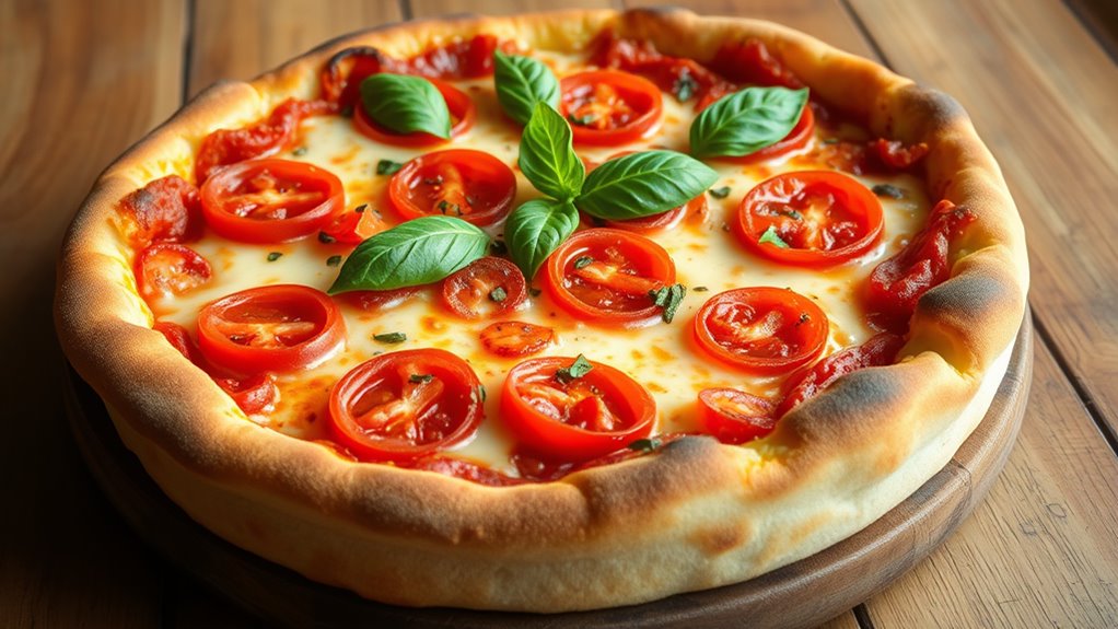 A mouthwatering deep dish pizza, layered with gooey cheese, vibrant tomatoes, and fresh basil, set against a rustic wooden table