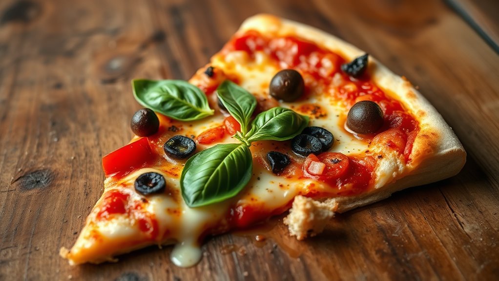 A mouthwatering slice of Detroit-style pizza, perfectly golden crust, gooey cheese, rich tomato sauce, fresh basil, and vibrant toppings, elegantly displayed on a rustic wooden table