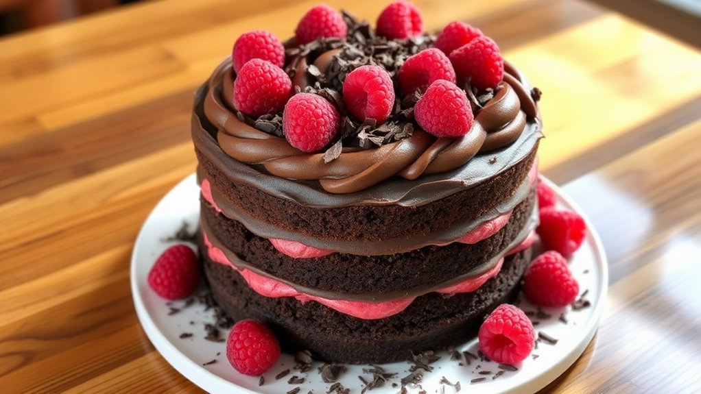 A decadent, layered devil's food cake adorned with rich chocolate frosting, fresh raspberries, and delicate chocolate shavings, set on a polished wooden table with natural light