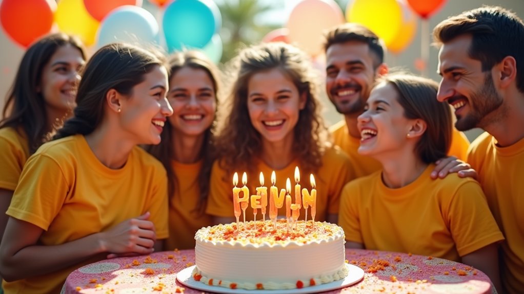 A vibrant celebration scene with joyful people wearing matching shirts, colorful balloons, and a large cake adorned with "Devin" candles, all under natural sunlight