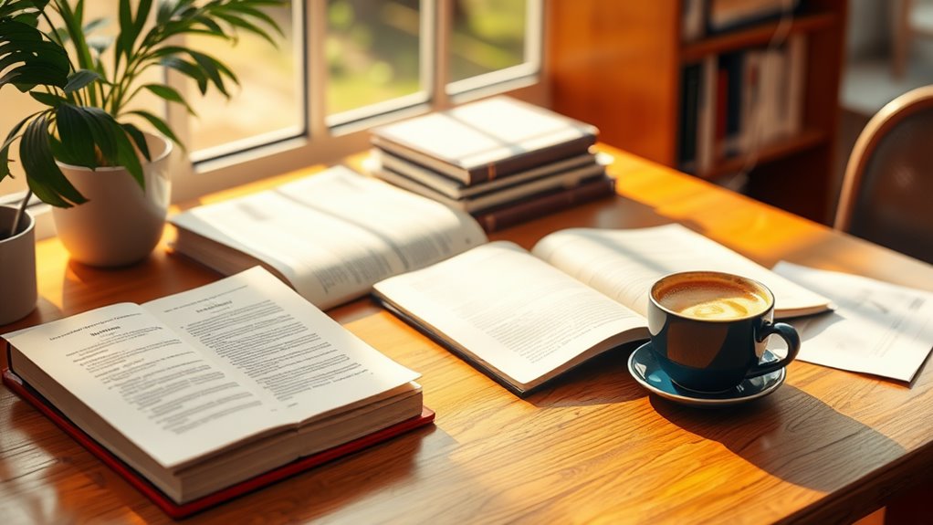 A serene study scene featuring a neatly organized desk with open books, a laptop, and a steaming cup of coffee, all bathed in warm, natural light