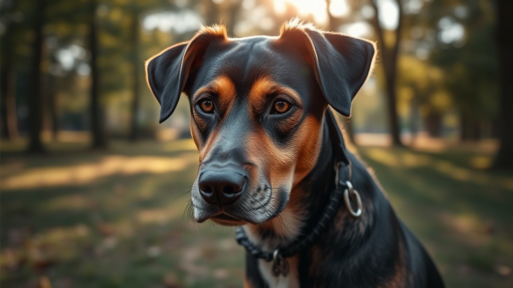 A solemn, elegant portrait of a rescued dog in a serene park, sunlight filtering through trees, showcasing its gentle eyes and newfound freedom, HDR detail, centered shot