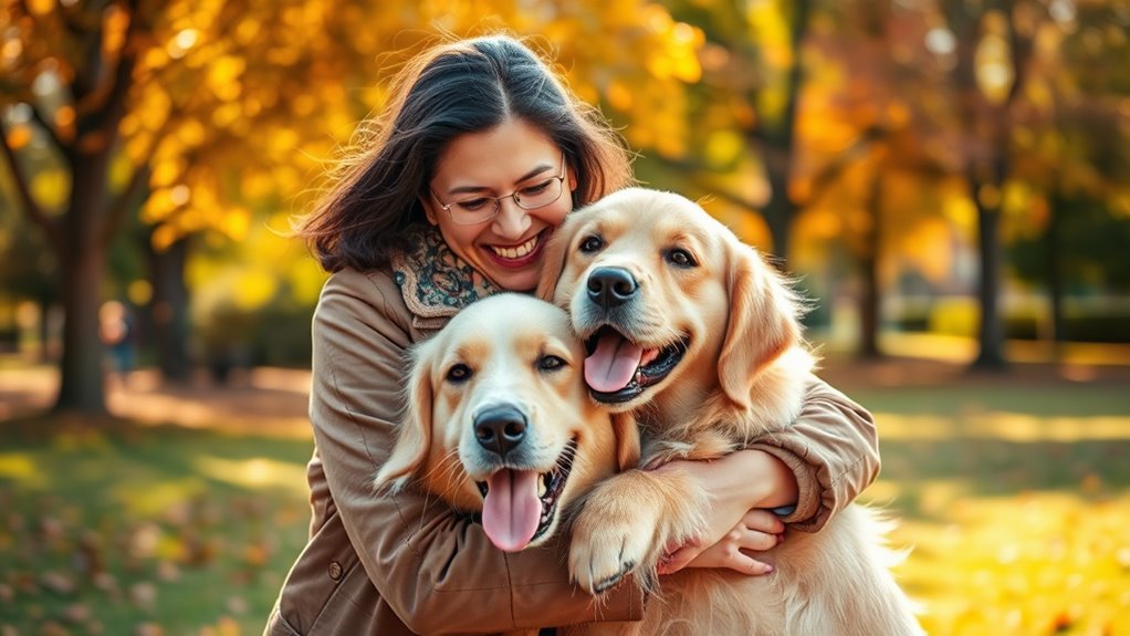 A joyful dog parent embracing their fluffy golden retriever in a sunlit park, surrounded by colorful autumn leaves, captured in exquisite detail and elegance