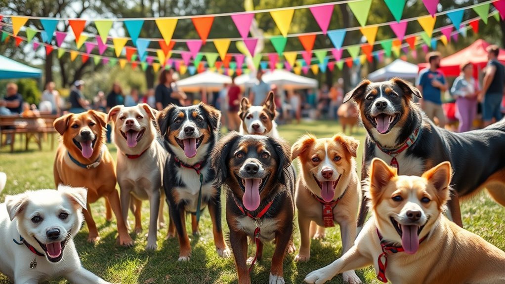 A vibrant outdoor party scene featuring joyful dogs of various breeds playing together, colorful banners, dog-friendly treats, and a sunlit park setting, all captured in stunning detail