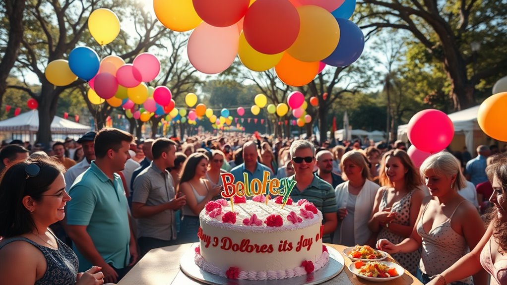 A vibrant celebration scene with people enjoying Dolores Day festivities in a sunlit park, colorful balloons floating, and a large, decorated cake at the center