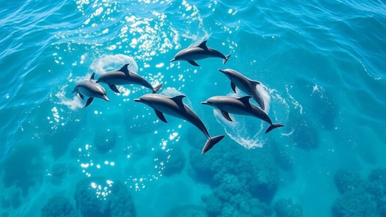 A playful pod of dolphins leaping gracefully above sparkling turquoise waters, with sunlight casting shimmering reflections, coral reefs visible below in vibrant clarity