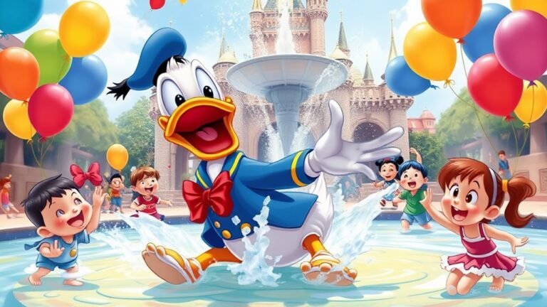 A vibrant, whimsical scene of Donald Duck joyfully splashing in a fountain, surrounded by colorful balloons and cheerful children, capturing the essence of celebration