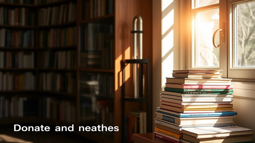 A cozy library corner with a stack of colorful books, sunlight streaming through a window, casting soft shadows, inviting readers to donate and share stories