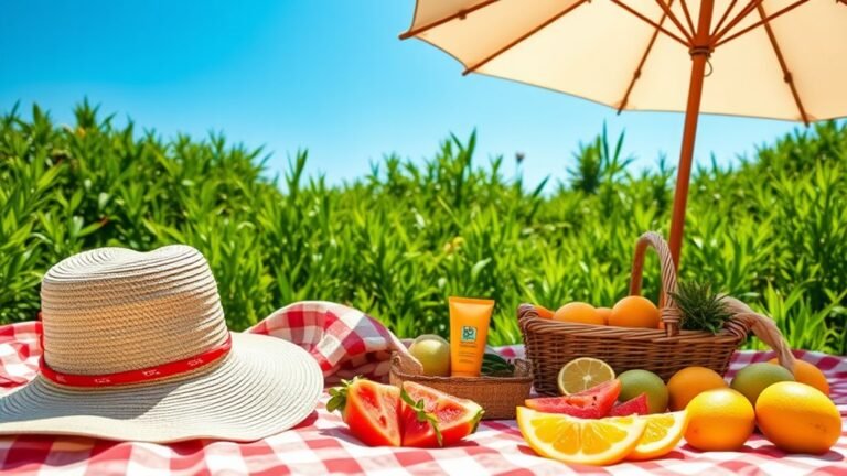 A vibrant picnic scene with a sun hat, sunscreen, fresh fruit, and a beach umbrella casting shade, surrounded by lush greenery and bright blue skies
