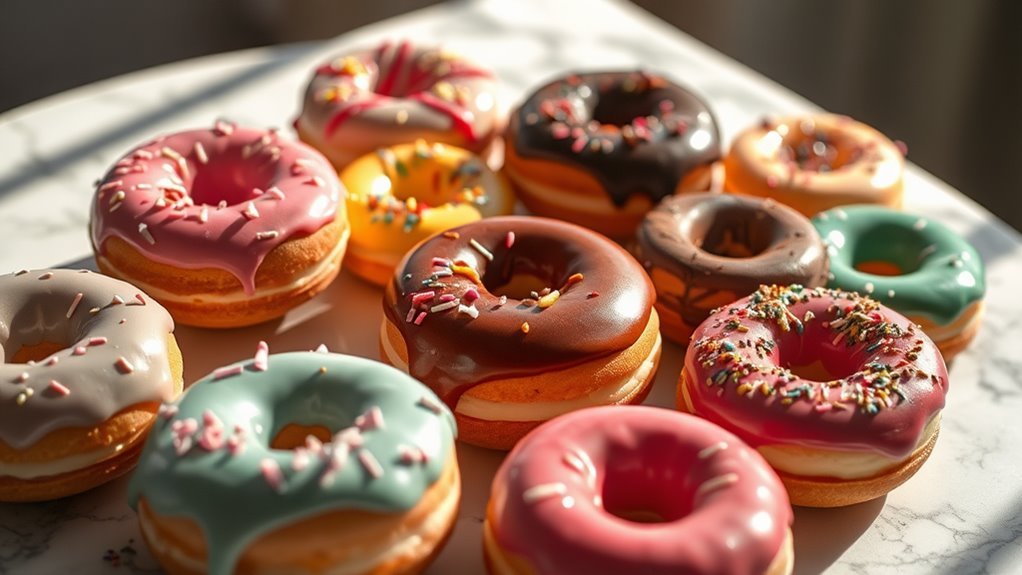 A decadent assortment of colorful doughnuts with glossy glazes and sprinkles, elegantly arranged on a marble table, illuminated by soft natural light, capturing their delightful textures