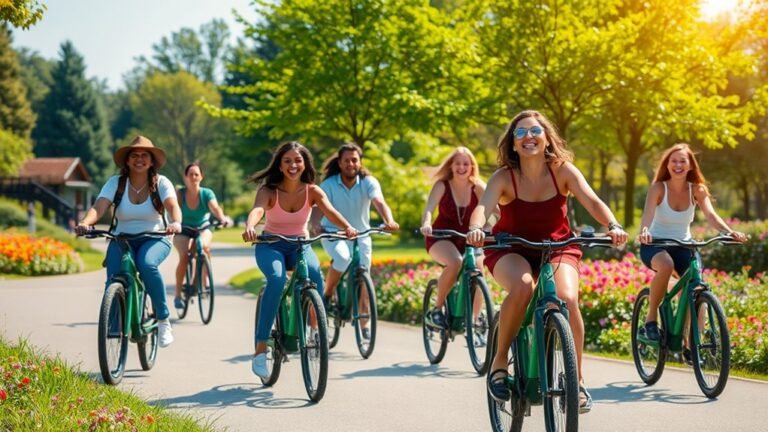 A vibrant scene of diverse people riding sleek e-bikes through a sunny park, surrounded by lush greenery and blooming flowers, capturing joy and freedom