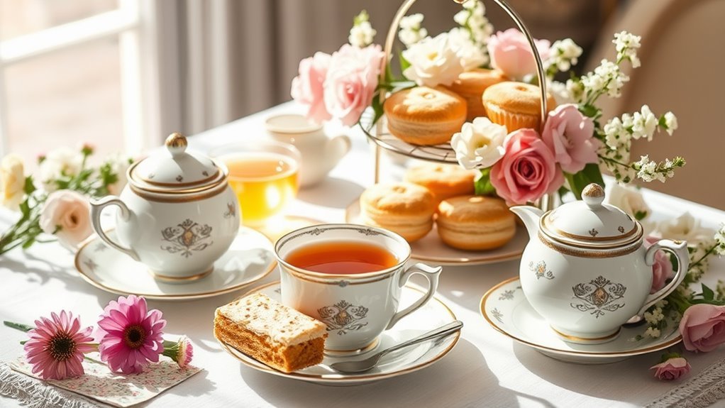 A beautifully arranged afternoon tea setting featuring elegant Earl Grey tea, delicate pastries, and fresh flowers, captured in natural light with a soft focus