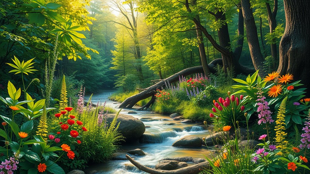 A vibrant forest scene with diverse flora and fauna, sunlight filtering through lush green leaves, a crystal-clear stream flowing, and colorful wildflowers blooming, all captured in stunning detail