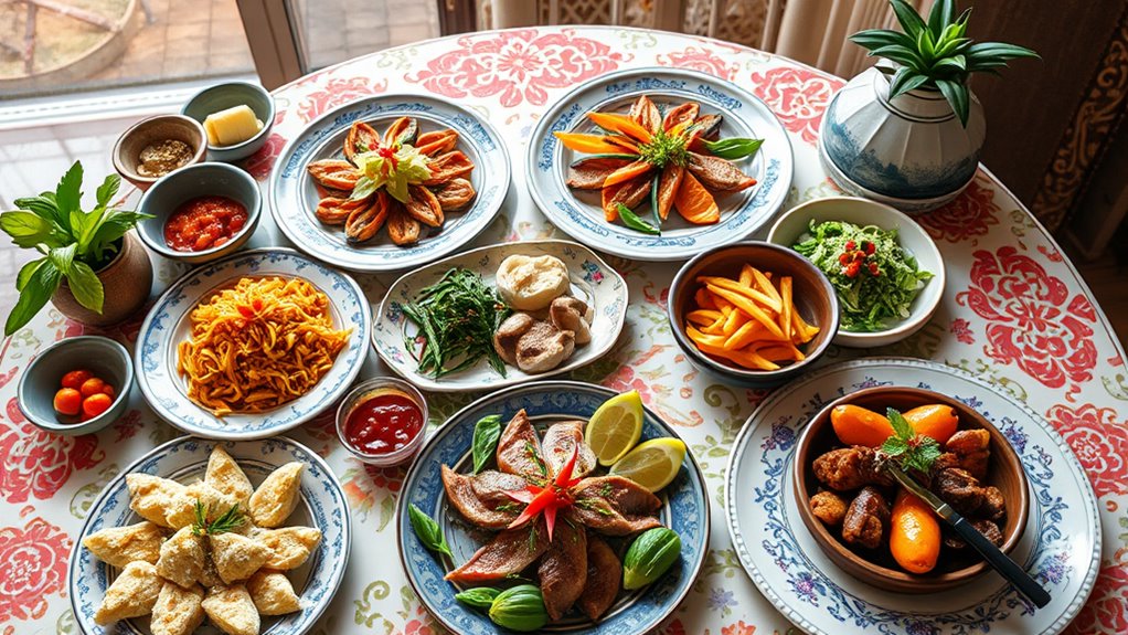 A beautifully arranged table showcasing a fusion of Eastern and Western cuisines, vibrant colors, intricate patterns, natural lighting highlighting elegant details, centered shot, HDR