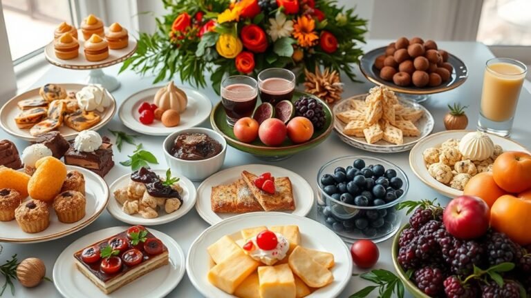 An elegantly arranged feast showcasing a variety of indulgent foods, including decadent desserts, savory dishes, and vibrant fruits, all under natural lighting, centered in the frame