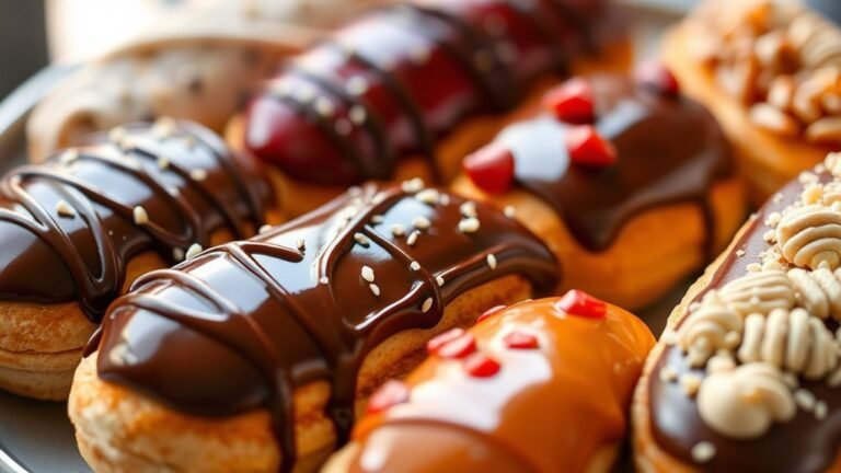 A close-up of an elegantly arranged platter of assorted éclairs, glistening with rich chocolate and vibrant fruit glazes, under soft natural lighting