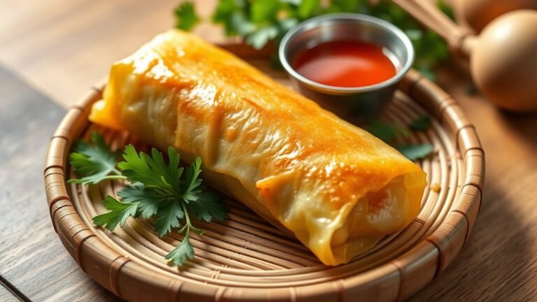 A vibrant platter of golden, crispy eggrolls, garnished with fresh cilantro and sliced chili, set against a rustic wooden table, illuminated by soft, natural light