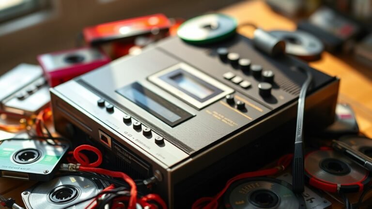 A vintage eight-track tape player surrounded by colorful tapes, glistening in natural light, showcasing intricate details, with a blurred background for an elegant focus