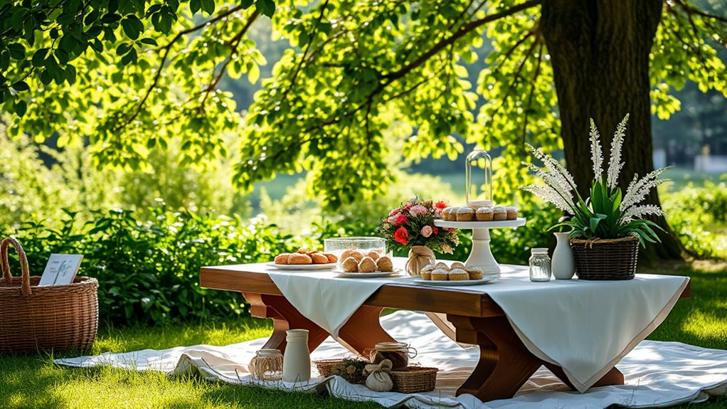 A serene outdoor picnic scene, featuring a beautifully decorated table with Eli-themed treats, surrounded by lush greenery and soft sunlight filtering through the leaves