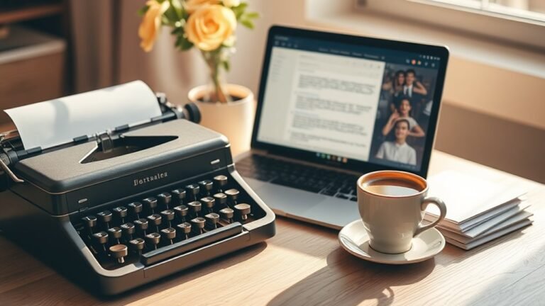 A beautifully arranged workspace featuring a vintage typewriter, an open laptop with emails on the screen, and a steaming coffee cup, all bathed in warm natural light