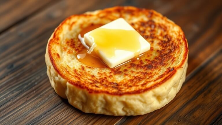 A perfectly toasted English muffin, golden-brown with a crispy edge, topped with melting butter and a drizzle of honey, elegantly placed on a rustic wooden table