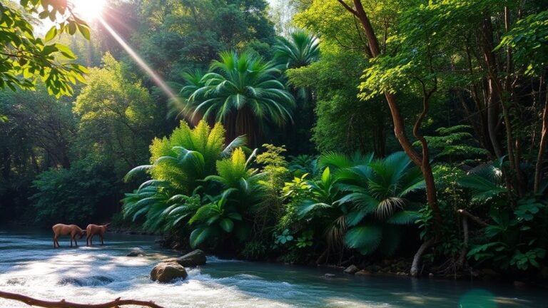 A vibrant lush green forest, sun rays streaming through leaves, a diverse array of wildlife in harmony, crystal-clear water flowing, showcasing nature's beauty
