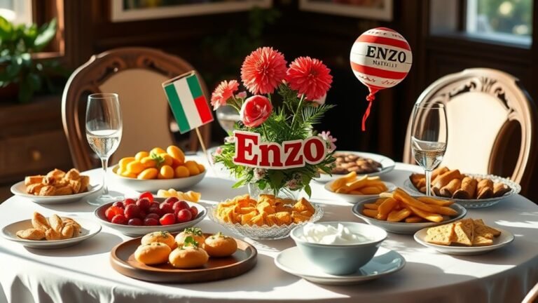 A beautifully arranged table featuring Italian delicacies, with a centerpiece of vibrant Enzo-themed decorations, bathed in soft natural lighting, capturing elegance and joy