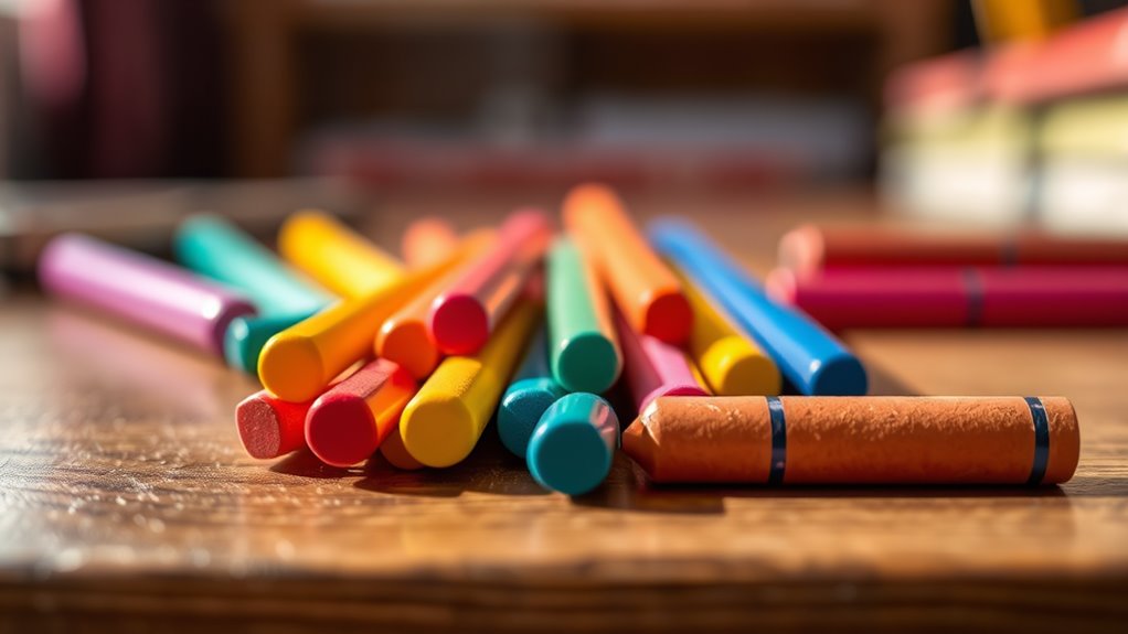 A vibrant close-up of colorful erasers arranged artistically on a wooden desk, illuminated by natural light, showcasing intricate textures and reflections, with a soft focus background