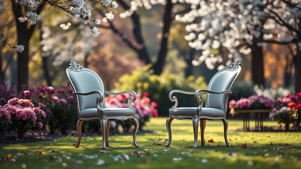 A serene park setting with two elegant chairs facing each other, surrounded by blooming flowers, softly illuminated by natural light, evoking reflection and peace