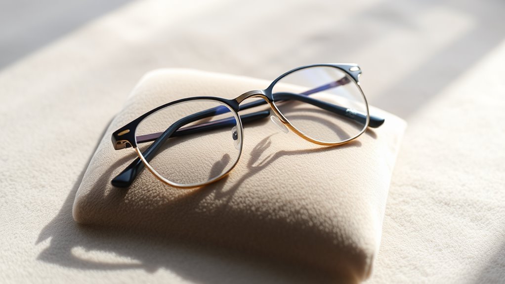 A pair of stylish eyeglasses elegantly resting on a soft, velvet surface, illuminated by natural light, showcasing intricate details and shimmering reflections