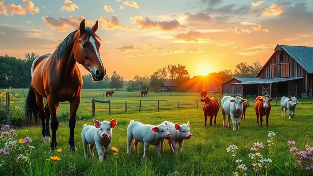 A serene farm scene at dawn, featuring a majestic horse, playful piglets, and gentle cows grazing, surrounded by blooming wildflowers and a rustic barn