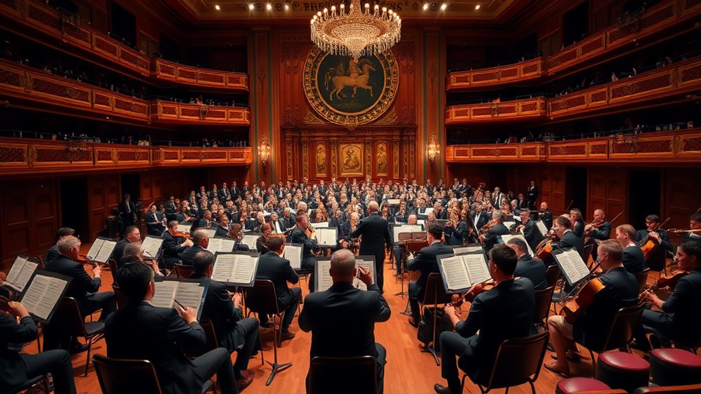 A symphony orchestra performing in a grand theater setting