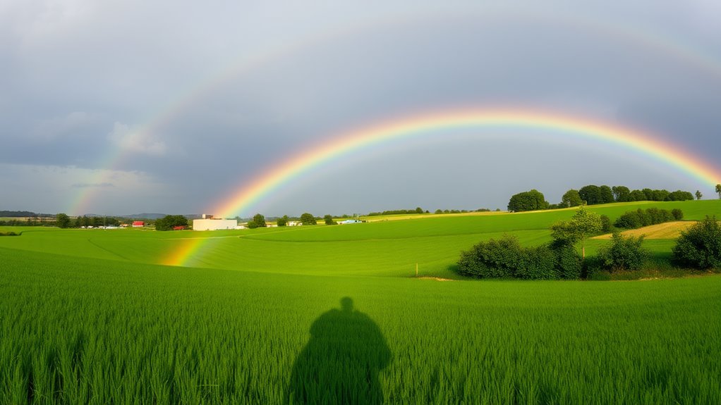 Vibrant rainbow arching over lush green fields