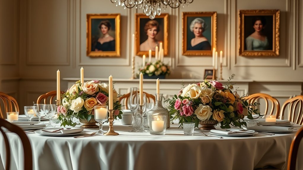 A beautifully arranged table with elegant floral centerpieces, vintage portraits of first ladies, and soft candlelight creating a warm ambiance, all enveloped in natural lighting