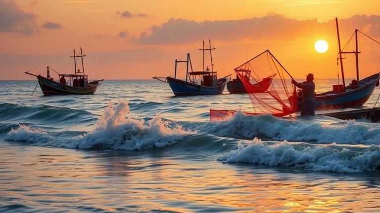 A serene coastal scene at sunrise, featuring fishermen casting nets from colorful boats, vibrant fish splashing, and golden light reflecting on gentle waves