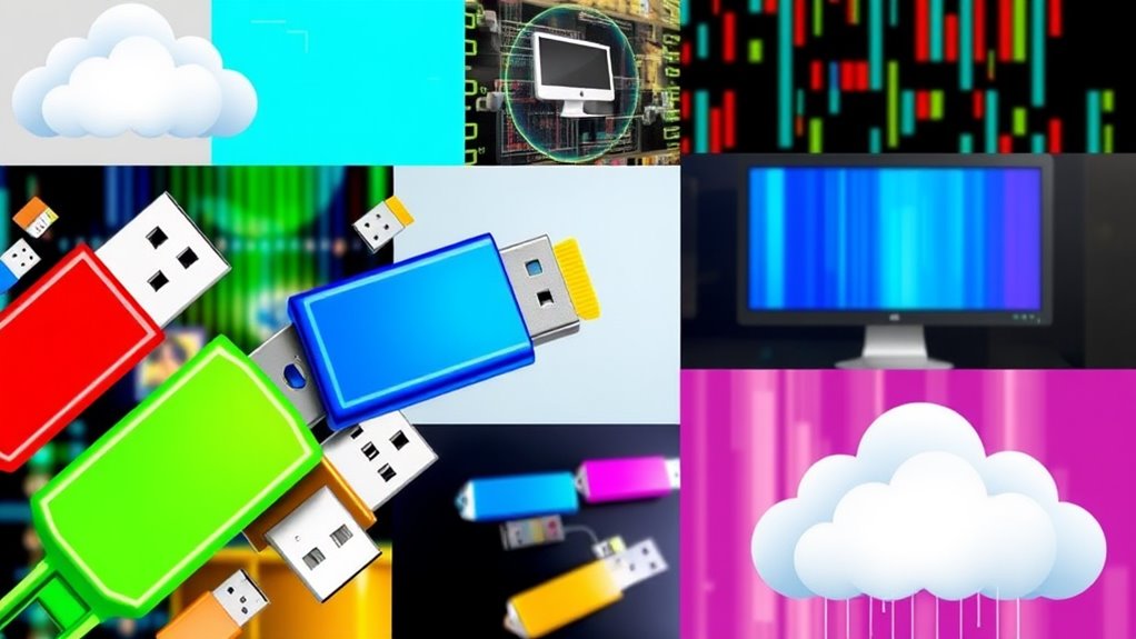 A vibrant collage of colorful flash drives, computer screens, and digital clouds, symbolizing data transfer and technology innovation