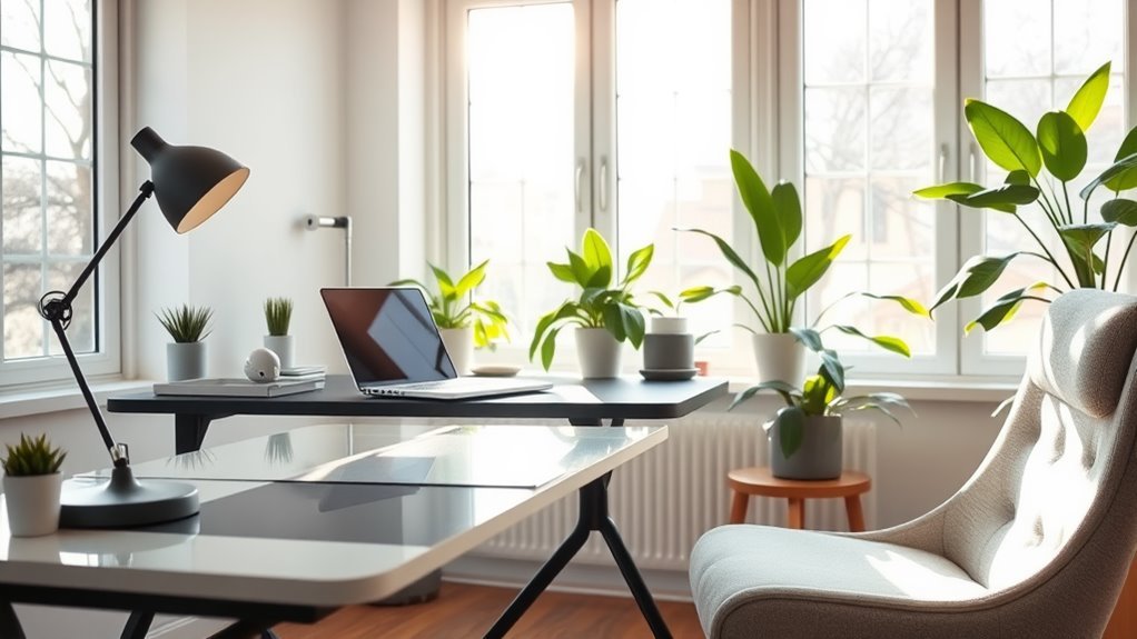 A serene home office with a stylish desk, laptop open, sunlight streaming through large windows, plants in the background, and a cozy chair inviting relaxation