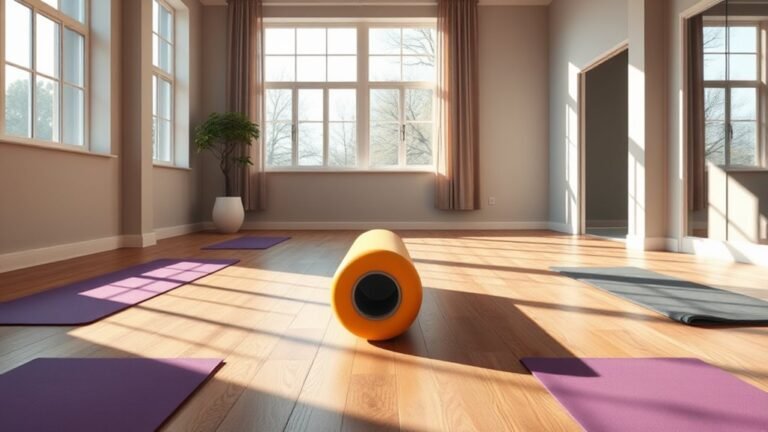 A serene fitness studio with a vibrant foam roller in the center, sunlight streaming through large windows, soft shadows enhancing the elegant wooden floor and yoga mats