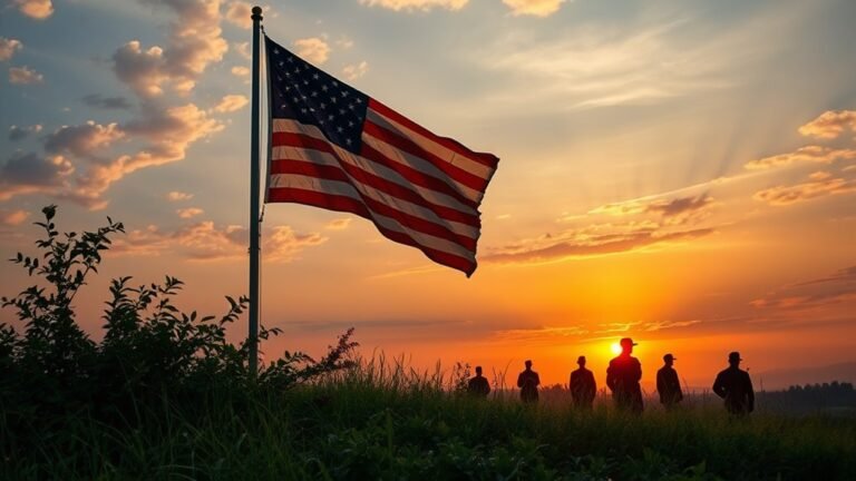 A serene landscape featuring a weathered flag at half-mast, surrounded by lush greenery, with a glimmering sunset casting warm hues over solemn silhouettes of veterans