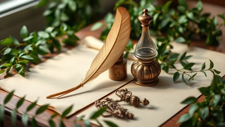 A beautifully arranged table featuring a vintage quill, an inkpot, and parchment, surrounded by lush greenery, illuminated by soft, natural light