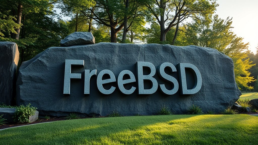 A serene landscape featuring a majestic FreeBSD logo carved from stone, surrounded by lush greenery and soft sunlight filtering through the trees, HDR
