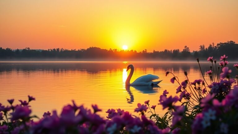 A serene sunrise over a tranquil lake, with a lone swan gliding gracefully, surrounded by blooming flowers, reflecting peace and celebration in soft natural lighting