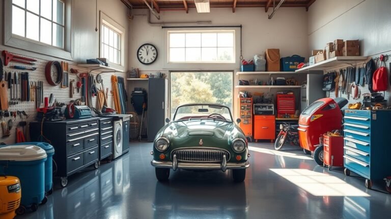 A pristine garage filled with organized tools, a vintage car, and sunlight streaming through large windows, showcasing gleaming surfaces and vibrant colors