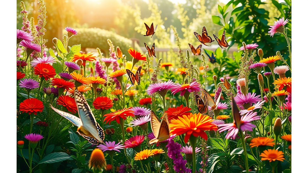 A vibrant garden bursting with colorful flowers, lush greenery, and delicate butterflies, bathed in warm natural light, showcasing intricate details in an elegant, centered composition